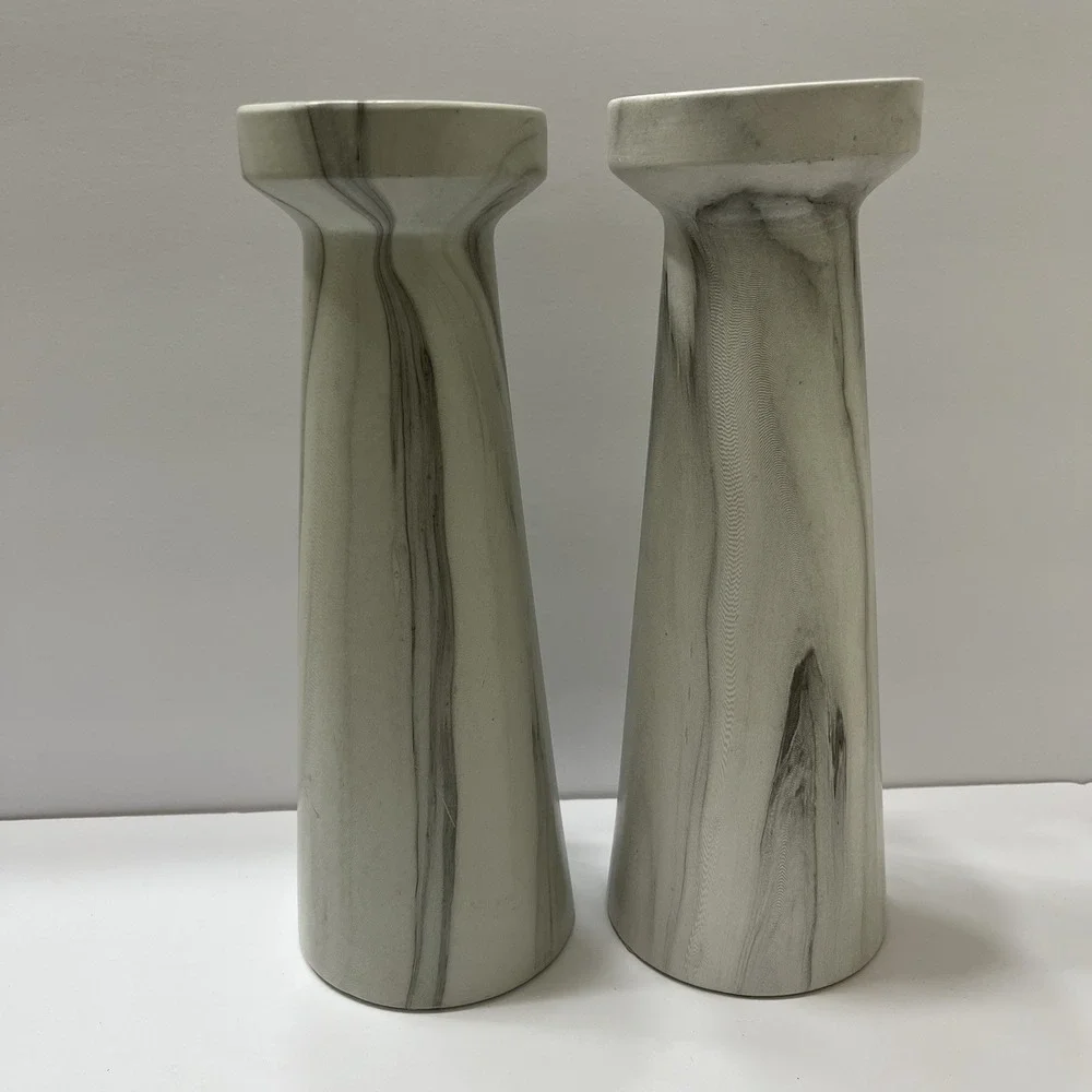 Ceramic Pillar Candle Holders Marble Look Gray White Swirl 12